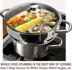 HOMICHEF 3 PCS Whole Food Steamer Set - Nickel Free Stainless Steel Veggie Steam Pot (9.5" Large Vegetable Steamer Insert With Lid, 8" Steam Pot)