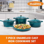 Hisencn Enameled Cast Iron Cookware Set - 7 Piece Dutch Ovens Set, Sauce Pan, Skillet, 3 Lids, Pots and Pans Set, Ceramic Coated Cast Iron, Heavy Duty, Gas/Induction Compatible, PFA Free