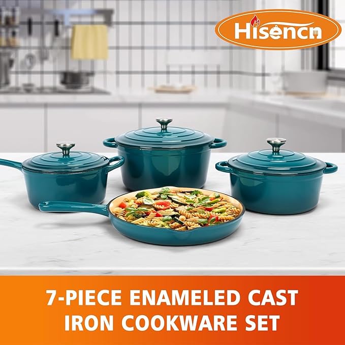 Hisencn Enameled Cast Iron Cookware Set - 7 Piece Dutch Ovens Set, Sauce Pan, Skillet, 3 Lids, Pots and Pans Set, Ceramic Coated Cast Iron, Heavy Duty, Gas/Induction Compatible, PFA Free