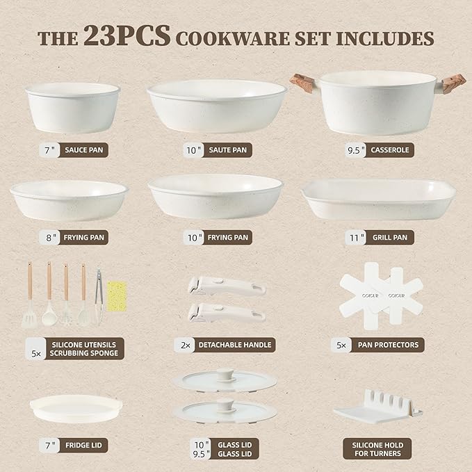 Ceramic Cookware Set Non Stick 23Pcs Pots and Pans Set Non Toxic with Detachable Handle Induction Kitchen Cookware Set Space Saving, Oven & Dishwasher Safe, Cream