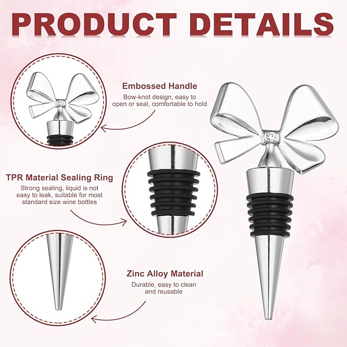 uxcell 2 Pcs Bow Wine Stopper, Reusable Wine Stoppers Airtight Leak-proof Bottle Plugs Liquor Saver Beer Beverage Glass Bottles Stopper for Bar Holiday Party Home Decor, Silver