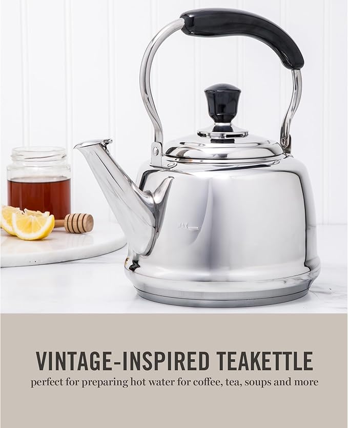 Martha Stewart Kingstree Large 2 Qt Stainless Steel Tea Kettle – Heavy Gauge Durable Whistling Tea Kettle for Stove Top, Easy Pour, Classic Design