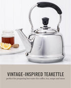 Martha Stewart Kingstree Large 2 Qt Stainless Steel Tea Kettle – Heavy Gauge Durable Whistling Tea Kettle for Stove Top, Easy Pour, Classic Design