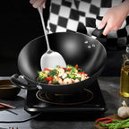 Carbon Steel Wok, Woks and Stir Fry Pans with Handle and Lid, Flat Bottom Chinese Stir Fry Wok, for Electric,Induction and Gas Stoves,Iron