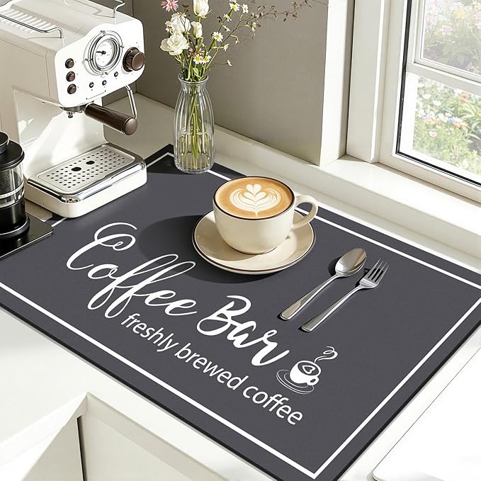 Findosom Dish Drying Mat, 17"x 32" Super Absorbent & Hide Stain Coffee Mat, Cuttable Drying Mat for Kitchen Counter, Coffee Bar Accessories, Under Dish Rack, Coffee Maker, Espresso Machine, DarkGrey