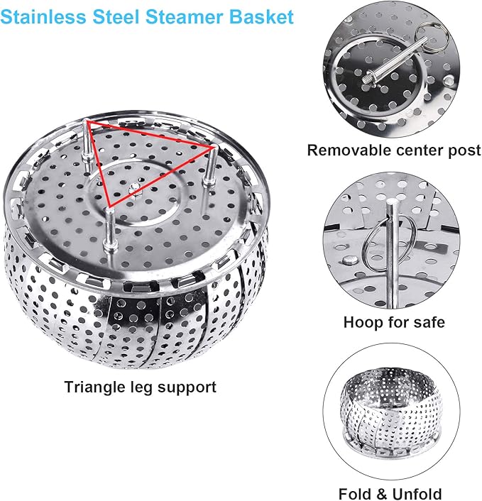 Veggie Vegetable Steamer Basket, Folding Steaming Basket, Metal Collapsible Stainless Steel Steamer Basket Insert, for Cooking Food, Expandable Fit Various Size Pot(5.3" to 8.6") YLYL