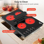 31" Electric Cooktop with Downdraft – 4 Burner 6000W Built-in Electric Stove, BBQ Bridge Burner, Timer, Safety Lock, Recirculating Vent (220V-240V)