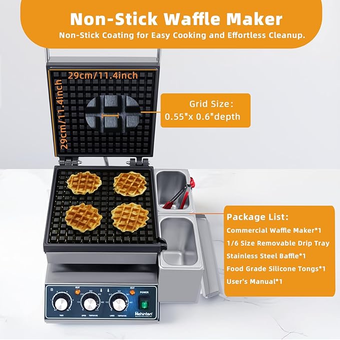 Hehinton® Commercial Waffle Maker, 110V 2300W Belgian Waffle Maker with Oil Grooves and Drip Tray, Heavy Duty Stainless Steel Body, Nonstick Waffle Iron Perfect for Home Kitchen Restaurant