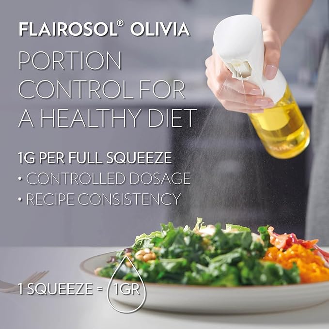 FLAIROSOL OLIVIA SIGNATURE Advanced Kitchen Oil Sprayer Technology, Fine Mist & Portion Control, Refillable Glass Olive Oil Cooking Spray Bottle for Air Fryer, Salad, BBQ, 130ml (Gold Print)