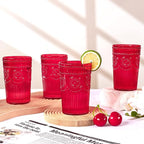 Ciaell 12 Pack Romantic Plastic Water Glasses - 14 Oz Red Vintage Drinking Glasses, Embossed Ribbed Plastic Cups, Textured Striped Set for Juice, Beverages, Beer, Cocktail & Mother's Day