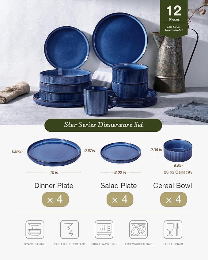 Famiware Star 12-Piece Stoneware Dinnerware Sets for 4, Reactive Glaze Plates and Bowls, Modern Rustic Dishes for Everyday & Formal Use, Chip/Scratch Resistant, Microwave/Dishwasher Safe, Nebulas Blue