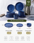 Famiware Star 12-Piece Stoneware Dinnerware Sets for 4, Reactive Glaze Plates and Bowls, Modern Rustic Dishes for Everyday & Formal Use, Chip/Scratch Resistant, Microwave/Dishwasher Safe, Nebulas Blue