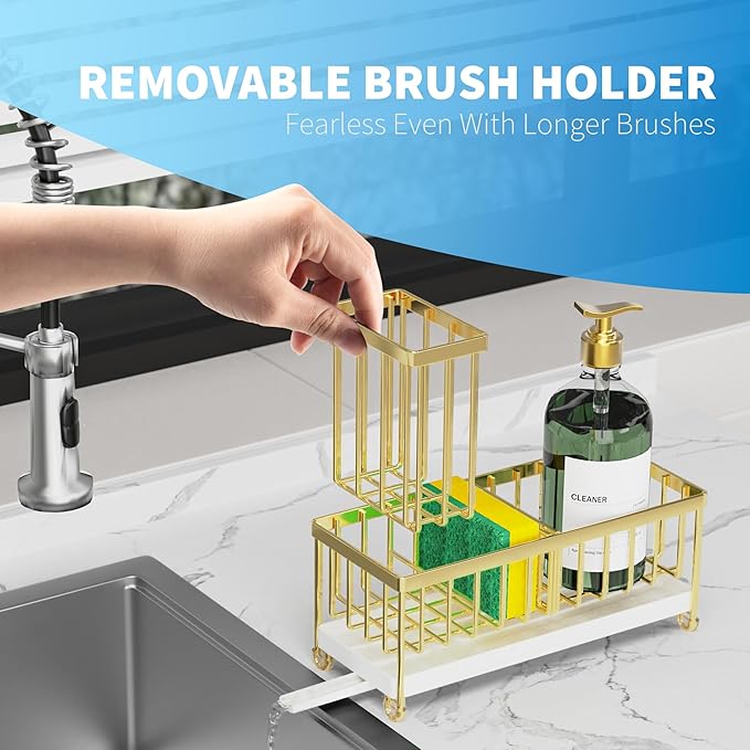 Cisily Sponge Holder for Kitchen Sink, Sink Caddy Organizer with High Brush Holder, Kitchen Countertop Organizers and Storage Essentials, Rustproof 304 Stainless Steel (Gold, 9.25″)