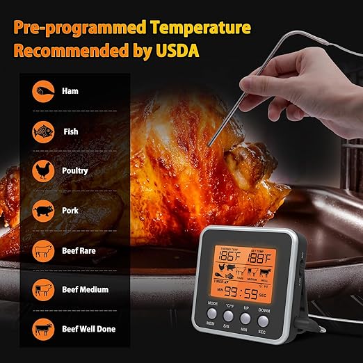 Digital Meat Thermometer for Oven, Food Thermometer with Large LCD, Backlight, Kitchen Timer, Temperature/Time Alarm for Smoker, BBQ, Barbecue, Cookware