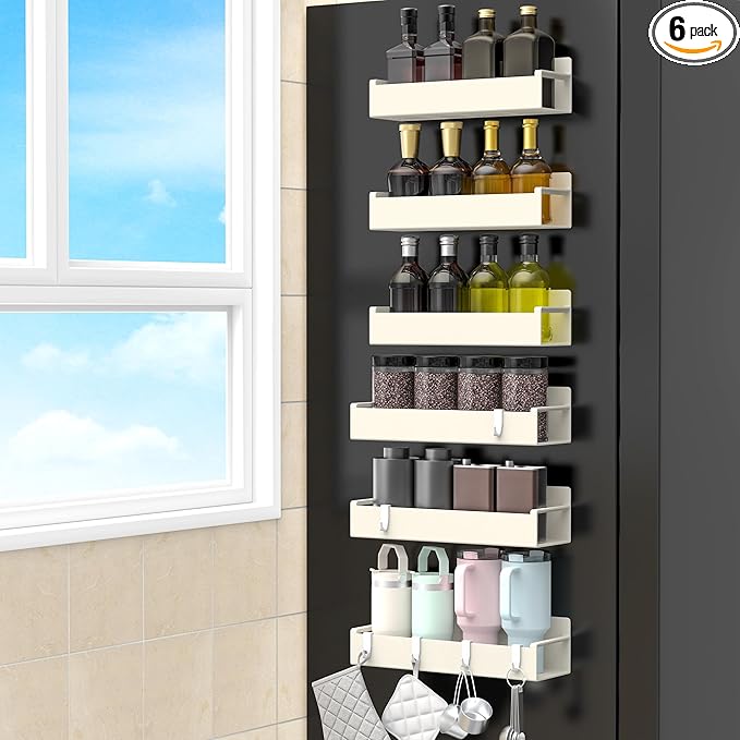 HuggieGems 6 Pack Magnetic Spice Rack Organizer for Refrigerator and Oven, Cream White Fridge Organizers and Storage for Kitchen