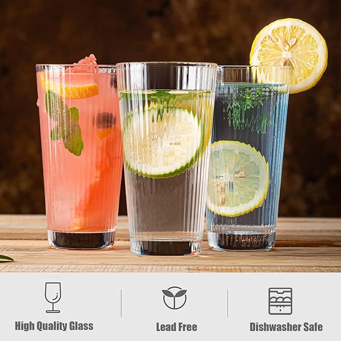 12 pcs Drinking Glasses, Origami Style Highball Glasses, 10oz Glass Cups, Elegant Ripple Vintage Glassware, Coffee Glasses, Durable Drinkware Cups for Cocktails, Water, Juice, Beer, Whiskey