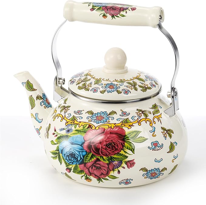 Fasmov 2.5L Enamel Teapot, Large Porcelain Enameled Teakettle, Floral Colorful Tea Kettle with Handle for Stovetop, Retro Steel Teapot for Hot Water, No Whistling