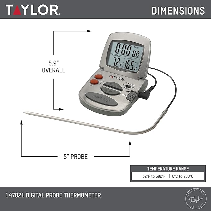 Taylor Programmable Instant-Read Wired Probe Digital Meat Thermometer, Stainless Steel for BBQ, Grill, Kitchen Cooking, Accurate Temperature Readings