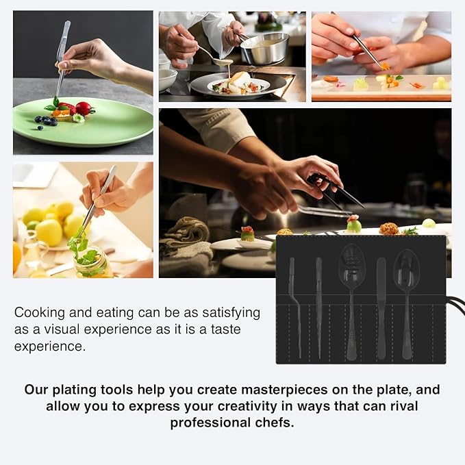 Professional Chef Tools | Plating Tools Culinary Set | Piece Culinary Tool Set | Premium Stainless Steel Chef's Plating Tool Set | Kitchen Tweezers & Fish tongs & Spatula & Slotted Spoon (Black) (5)