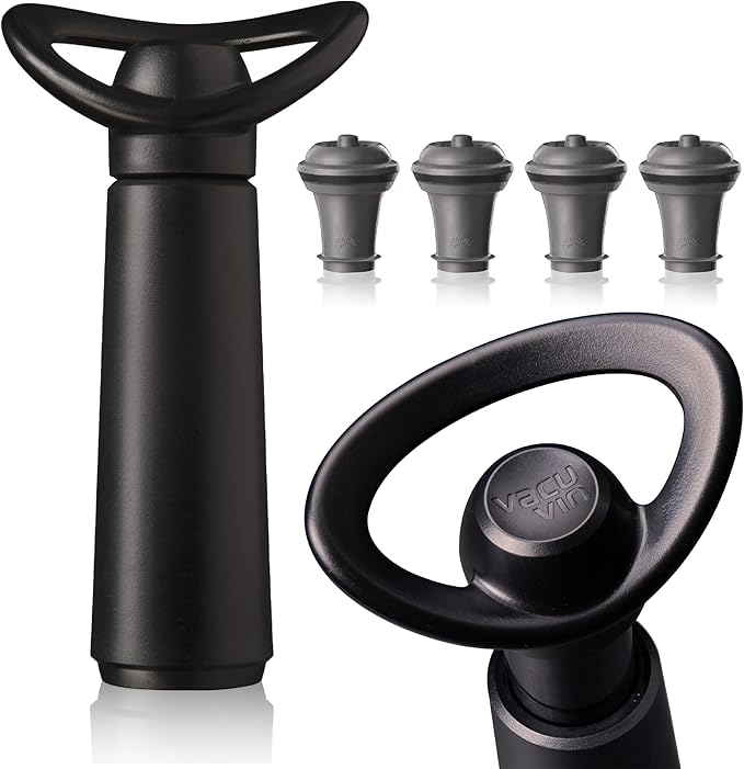 Vacu Vin Wine Saver Concerto with 4 Vacuum Stoppers – Premium Wine Preserver Pump – Airtight Seal Keeps Wine Fresh Longer – Click Indicator – Manual Pump – Black Wine Saver Set