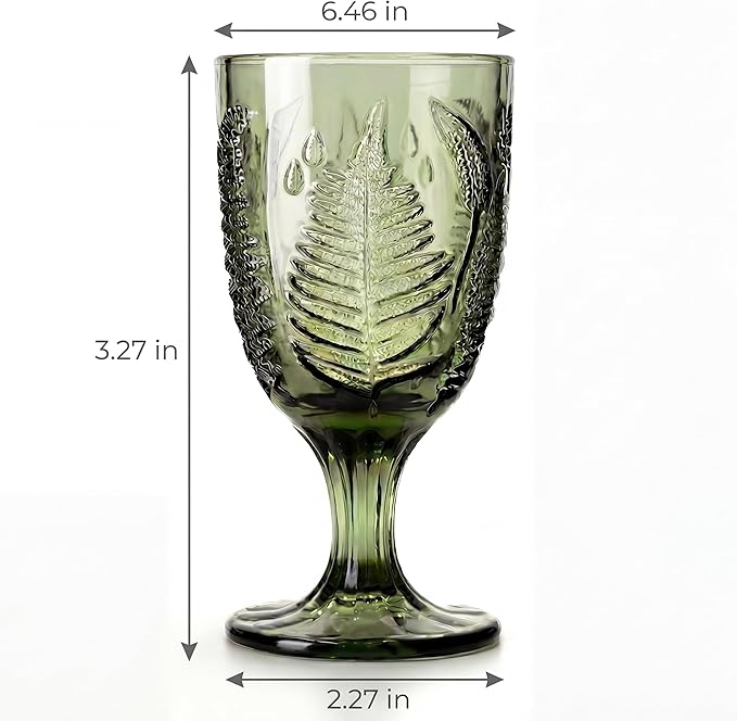 Green Stemmed Goblet, Hand-Pressed Fern Embossed Textured Glass for Water, Cocktails & Wine, Retro Boho Colored Stemware, Decorative Bar Drinkware for Kitchen Dining Table, Unique Botanical Style Gift
