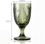Vintage Green Stemmed Goblets Set of 4, Fern Embossed Textured Glass Wine Goblets, Retro Boho Colored Stemware, Decorative Drinking Glasses for Water, Wine & Cocktails, Vintage Glassware Gift Set