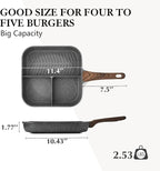 Sensarte Nonstick 11-Inch Square Grill Pan, 3-Section Versatile Breakfast Skillet, Die-cast Aluminum, PFOA, PFOS, APEO Free, Induction, Gas, Electric, Glass, Ceramic
