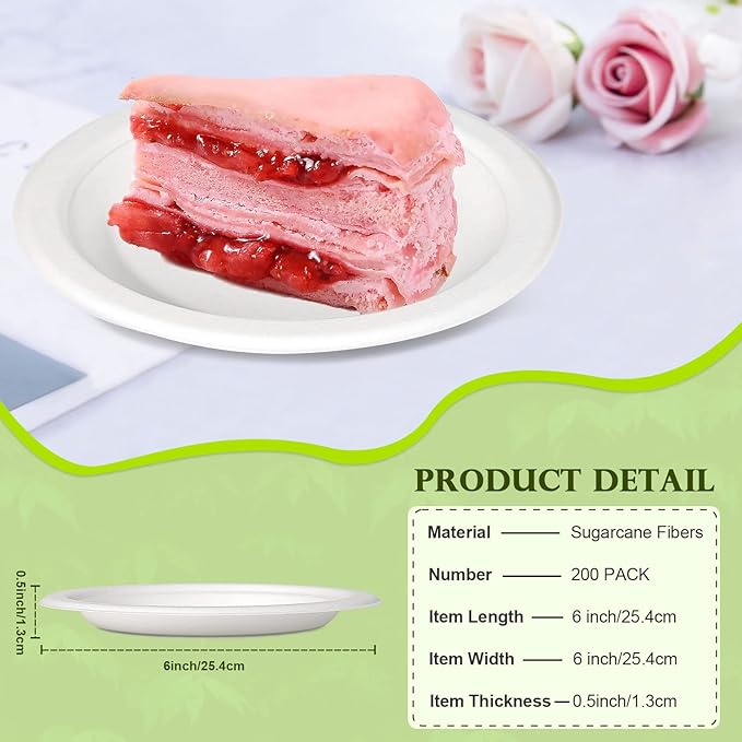 Small Paper Plates 6 inch, 200 Pack Compostable Disposable Plates for Dessert, Cake, Appetizer