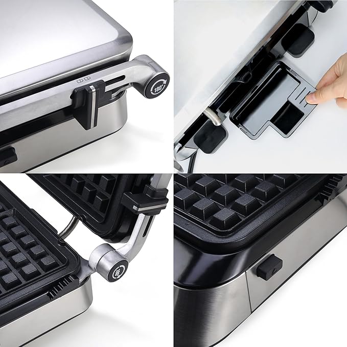 Panini Waffle Maker Combo | Panini Grill Press Sandwich Maker, Smokeless Indoor Grill, 1600W, 180° Open, Removable Plates, Stainless Steel, Ideal Kitchen Gift for Steak, Hamburger, Waffle
