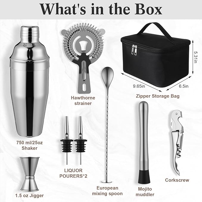 9 Pcs Travel Bartender Kit Cocktail Shaker Set with Bag 25oz Martini Shaker Kit, Ice Crusher, Wine Opener, Strainer, Spoon, Jigger, Pourer, Portable Bar Gift for Home Rv Summer Party Outdoor