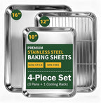 4-Piece Baking Sheet Set with Cooling Rack, Stainless Steel Cookie Sheets & Baking Pans Set, Non-Stick Cookie Trays for Oven Roasting & Food Prep, BPA-Free 10/12/16 Inch