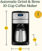 Cuisinart Automatic Grind & Brew 10-Cup Coffee Maker with Blade Grinder, Programmable Coffee Machine Glass Carafe with 1-4 Cup Setting, Brew Pause, Grind-Off Option, DGB-450NAS, Black/Stainless Steel