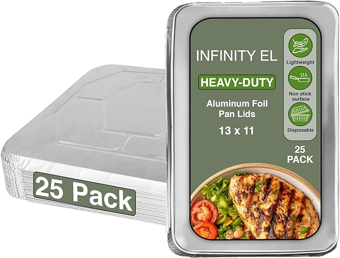 INFINITY EL Disposable Aluminum Foil Pan Lids 25 Pack | Half Size 13" x 11" Insulated Foil Pan Lids | Heavy Duty Aluminum Foil Lids for Catering, Food Storage, Turkey, Lasagna, Parties & Meal Prep