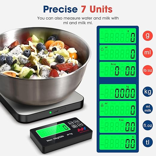 Mik-Nana Food Scale, 22lb Digital Kitchen Scale with 7 Units LCD Display & Tare Function, Stainless Steel Weight Grams and Ounces for Baking, Cooking and Meal Prep (Batteries Included)