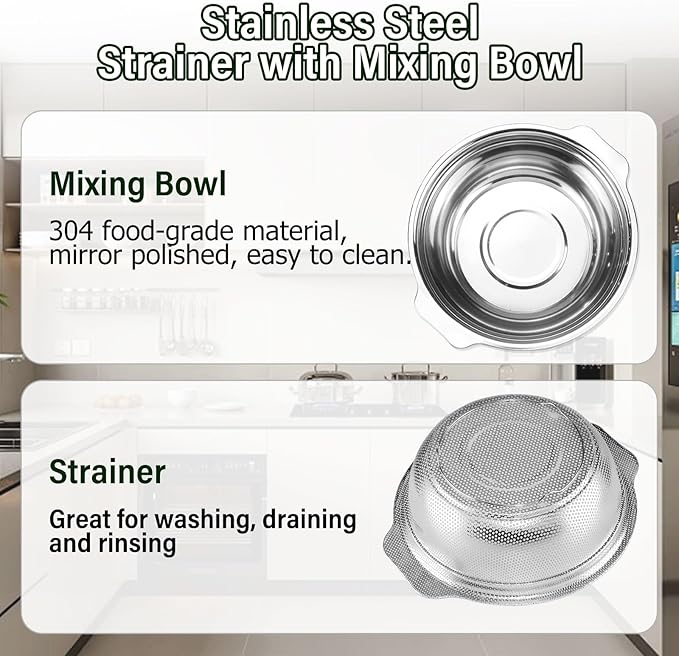 Extra Large 5.5QT Stainless Steel Colander, Large Capacity Rice Colander with Mixing Bowl, Rice Strainer for Vegetables, Fruit, Spaghetti, Pasta Strainer, Dishwasher Safe(2PC)