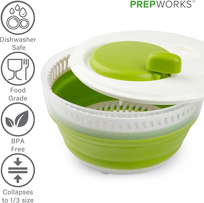 PrepWorks 3 Qt Collapsible Salad Spinner – Space-Saving, Easy-to-Use, BPA-Free, for Quick Salad Washing & Drying, Dishwasher Safe