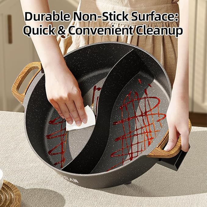 AORAN Electric Hot Pot with Divider, 1350W 8L Nonstick Smokeless Cooker for Shabu Shabu & Fondue, Multi-Function Cookware with Soup Ladle, Strainer, Includes Tongs - Easy to Clean, Black