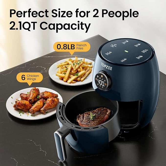 Small Compact Air Fryer, 2.1QT, 4-in-1 Small Mini Airfryer, Bake, Roast, Reheat, 98% Less Oil, Adjustable Temperature Control w/ 60min Timer, Quiet, Nonstick & Dishwasher Safe, BPA-Free, Dark Blue