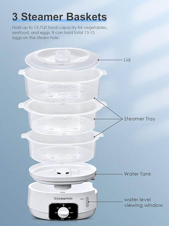 3 Tier Electric Food Steamer for Cooking, 13.7QT Vegetable Steamer for Fast Simultaneous Cooking, Veggie Steamer, Food Steam Cooker, 60 Minute Timer, BPA Free Baskets, 800W(White)
