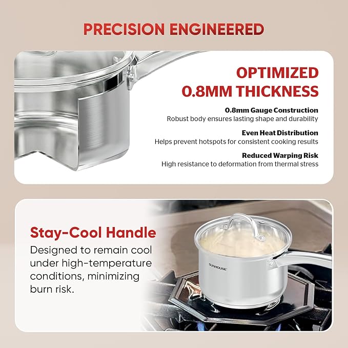 SUNHOUSE – 3 Quarts Stainless Steel Sauce Pan with Lid - PFOA-Free, Stainless Steel Sauce Pan, Advanced Impact Bonding Induction Base, Stay-Cool Handle, Compatible with All Cooktops