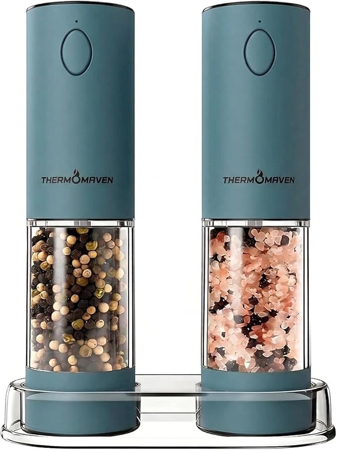 ThermoMaven Electric Salt and Pepper Grinder Set, 110ml Larger Rechargeable Automatic Salt and Pepper Mill Grinder with 6 Adjustable Coarseness, Electric Salt and Pepper Shakers, LED, Navy Blue