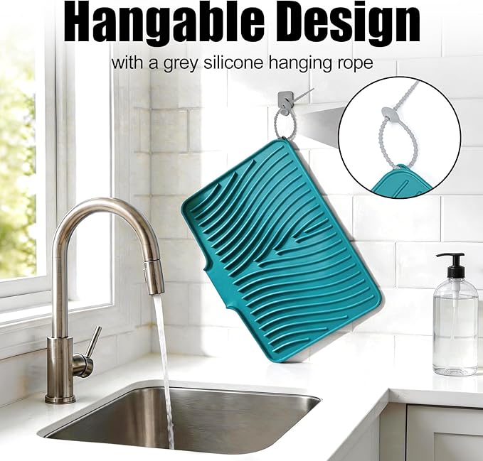 TIKNIK Silicone Dish Drying Mat, Stone Drying Mat for Kitchen Counter with Built-In Drain, Non-Slip Drain Pad with Built-in Drain, Heat Resistant Stone Drying Mat, Hangable, Green-1pcs, 16" x 12"