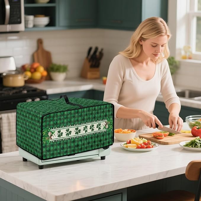 Shamrock Gnome Dog Print Toaster Oven Cover for St. Patrick's Day Decor, Checkered Pattern Microwave Cover for Kitchen Countertop Appliance Dust Protector Oven Accessories, Green, S