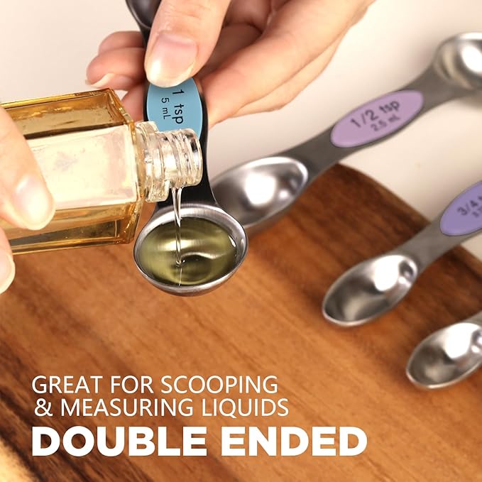 ChefAide Pack of 8 Stainless Steel Magnetic Measuring Spoons Set, Dual Sided, Stackable, Adjustable Teaspoon and Tablespoon Measure Spoon with Leveler, Kitchen Gadgets