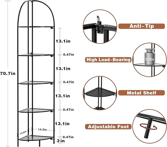Crofy Foldable 5 Tier Corner Shelf, Metal Corner Plant Stand with Black Frame and Black Shelves, Corner Display Rack Multipurpose Shelving Unit for Living Room, Bedroom, Bathroom