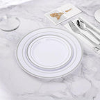 BESTVIP 100PCS Silver Plastic Plates, Disposable Party Plates with 50 Dinner Plate and 50 Dessert Plate for Party, Wedding and Birthday