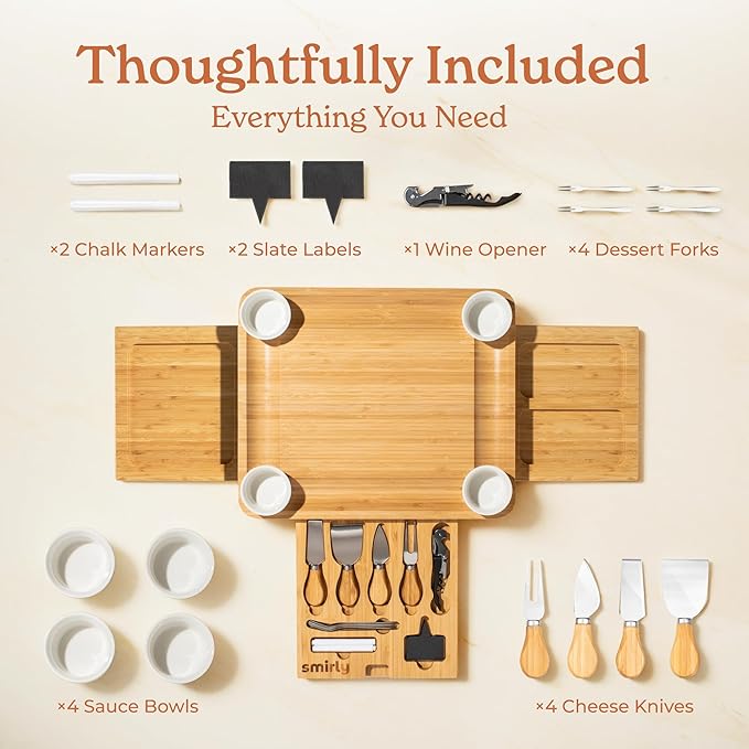 SMIRLY Charcuterie Boards Set - Large Bamboo Cheese Board Set - House Warming Gifts New Home, Wedding Gift for Couple, Bridal Shower Gift, Birthday Gifts for Women