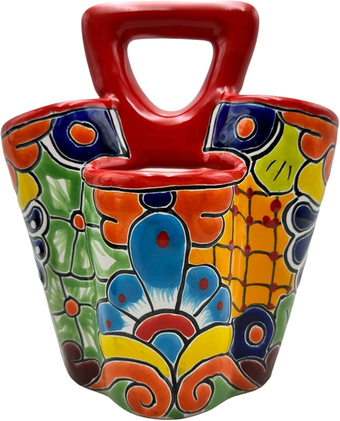 Utensil Holder Mexican Pottery Talavera Utensil Crock Colorful Ceramic Folk Art Hand Painted Home Decor Ceramic Handmade Multicolor Red