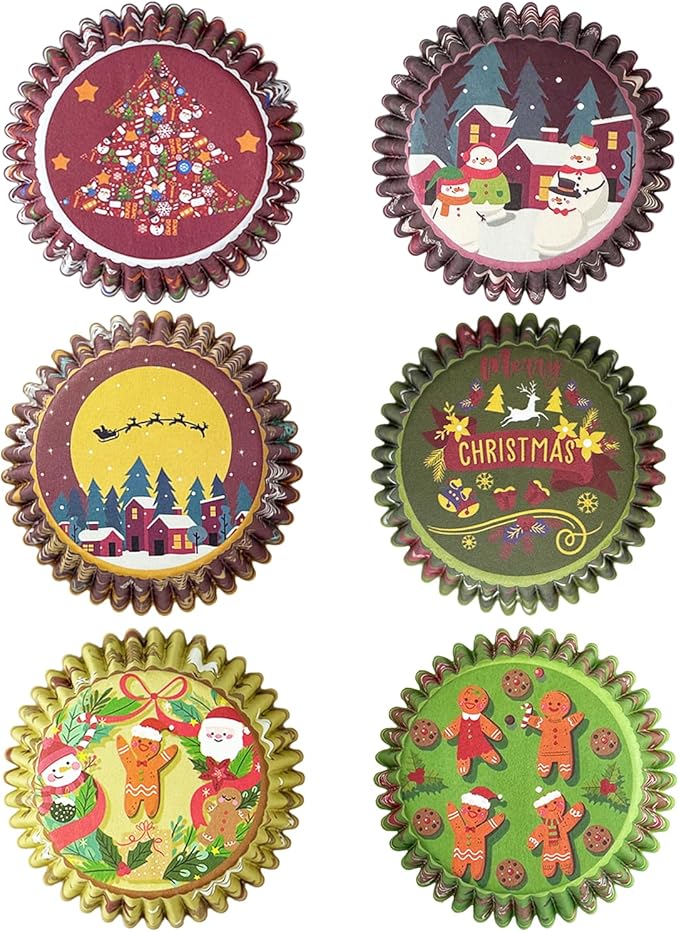 qiqee Christmas Standard Cupcake Liners Cupcake Cups 300-Count Food Grade Gradient 6 Design Christmas Gingerbread Man Cupcake Papers Baking Cups Cupcake Wrappers(Standard Size)