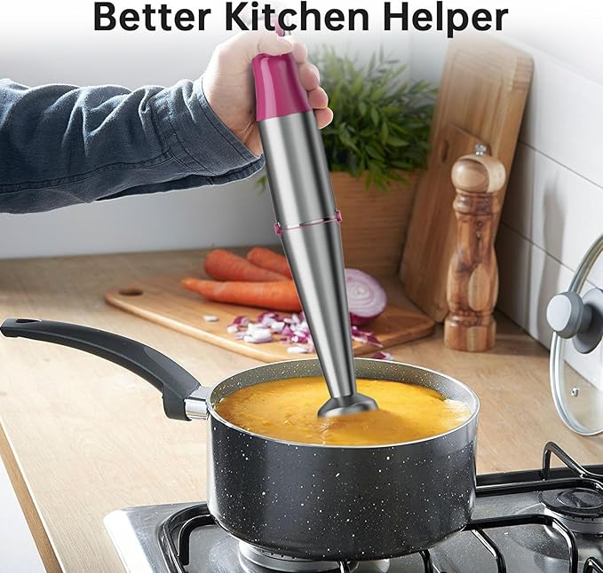 Turelar Immersion Blender Handheld Corded Hand Blenders Set 1100W, Trigger Variable Speed 5 in 1 Stick Emulsifier with Chopper, Whisk and Frother for Soup, Baby Food and Smoothies, Rose Red